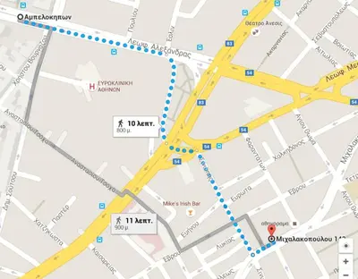 a map of a city with yellow highlighted at Holodek Apartments Ground & SemiBasement in Athens