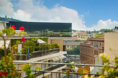 a view of a city with a building at Studio Acropolis in Athens