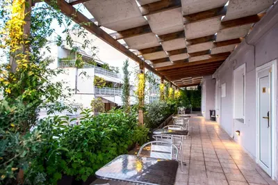 an outdoor patio with tables and chairs and plants at Kimon Hotel Athens in Athens