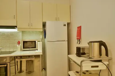 a kitchen with a white refrigerator and a microwave at Architect Designer's Apartment in Kolonaki in Athens