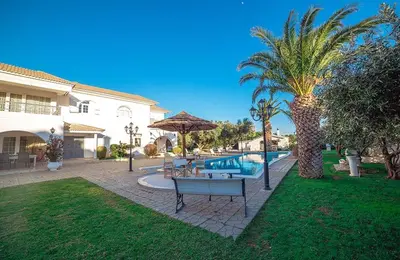 a swimming pool with a bench and a palm tree at Villa Noaina in Lagonissi in Lagonissi