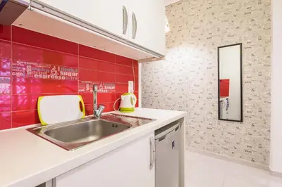 a kitchen with a sink and a red wall at Zenios Amintas-Pop-artment for two in city center in Athens
