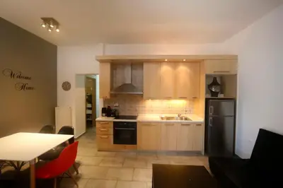 a kitchen with wooden cabinets and a black refrigerator at Gazi Boutique Apartment 1 in Athens