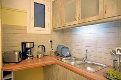 a kitchen counter with a sink and a microwave at Hidden Gem next to the Acropolis in Athens
