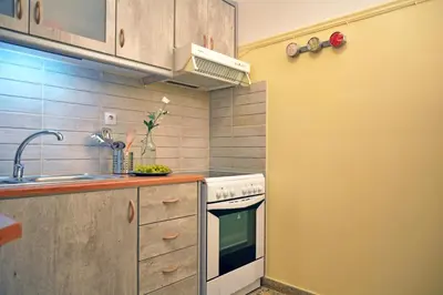 a small kitchen with a stove and a sink at Hidden Gem next to the Acropolis in Athens