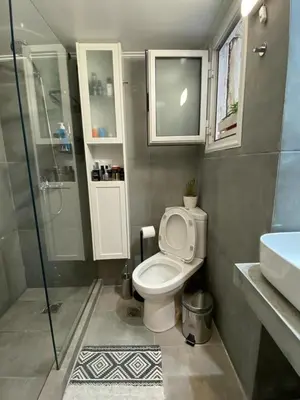 a bathroom with a toilet and a shower and a sink at Plato's Academy Home in Athens