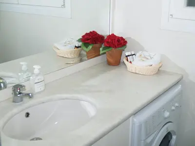 a bathroom counter with a sink and a washing machine at Newly Renovated Apt in Kolonaki in Athens