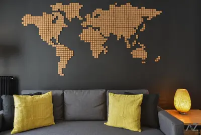 a living room with a map of the world on the wall at Phaedra Apartment in Athens