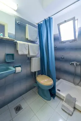 a bathroom with a toilet and a shower and a sink at ROY Hotel in Athens