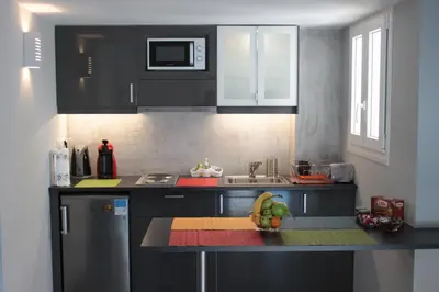 a kitchen with black cabinets and a counter with fruit on it at Apartment in the Centre of Athens in Athens