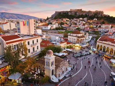 an aerial view of a city with a mountain in the background at Vintage Apartment in the Heart of Plaka in Athens