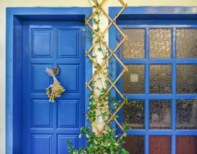 a blue door with a peacock on it at St. Thomas Bed and Breakfast in Paianía