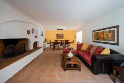a living room with a couch and a fireplace at Villa Saronida in Saronida