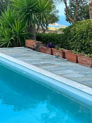 a swimming pool with blue water and some plants at Saronida Boutique Villa Private Pool, Sea views, Lovely Gardens & Roof Terrace in Saronida