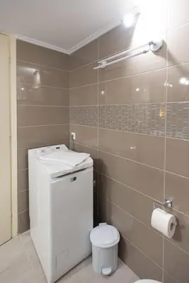 a small bathroom with a toilet and a shower at Blue Ark Athenian Nest in Athens