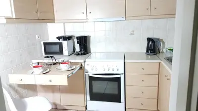 a small kitchen with a stove and a microwave at Errathens Wheat Apartment - Athens Center, 3 BD, 1 BATH in Athens
