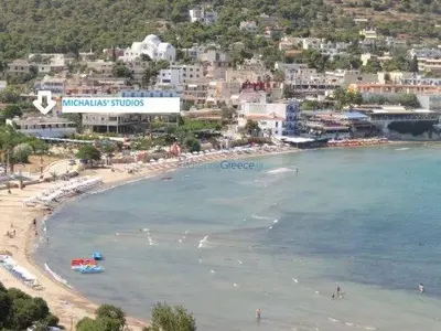 an aerial view of a beach with a city at Παραθαλασσια στουντιο Μιχαλιας Sea view studio Michalias in Agia Marina Aegina