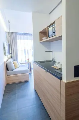a kitchen with a sink and a couch in a room at Athens Lodge by Athens Prime Hotels in Athens