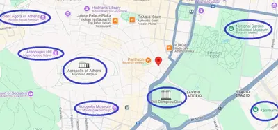 a map of a park with circled attractions at By the Acropolis, In the heart of Plaka! in Athens