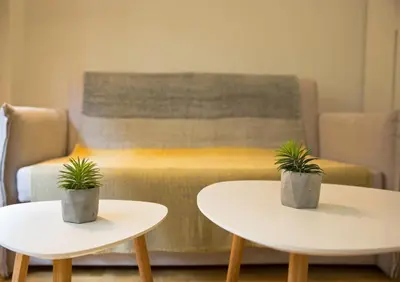 two tables with plants on them in front of a couch at Skoufa Apartment in Athens