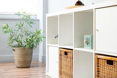 a white bookcase with a potted plant at Enattica Syntagma Living in Athens