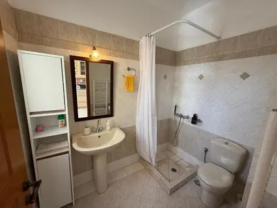 a bathroom with a sink and a toilet and a shower at Anavyssos Garden House in Palaiá Fókaia