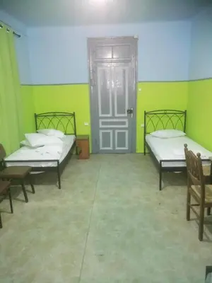 two beds in a room with green walls and a door at Sparti in Piraeus
