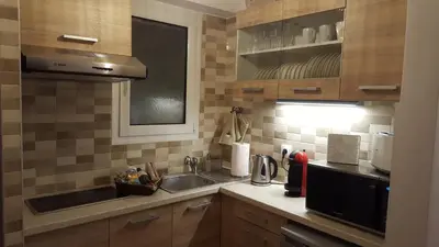 a small kitchen with a sink and a microwave at Zoe's Studio in Athens