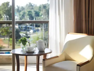 a living room with a table and a chair and a window at Golden Sun Hotel in Athens