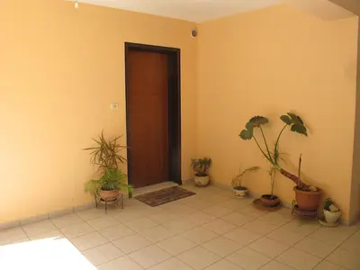 a hallway with potted plants and a brown door at Athenian apartment with garden, near metro station Chalandri Nu 3 in Athens