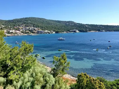 a view of a bay with boats in the water at Oneiro glico in Agia Marina Aegina