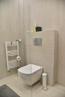 a bathroom with a toilet and a glass wall at Perfect athens in Athens