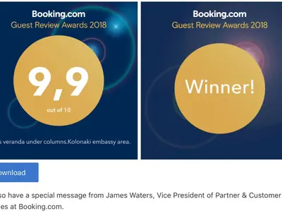 a screenshot of the guest review awards webpage and a screenshot of the guest review awards at Oasis veranda under columns.Kolonaki embassy area. in Athens