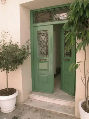 a green door in a building with two plants at Athenian House in Plaka Villa by Athenian Homes in Athens