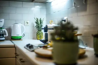 a kitchen counter with a mixer and a pineapple on it at Your 