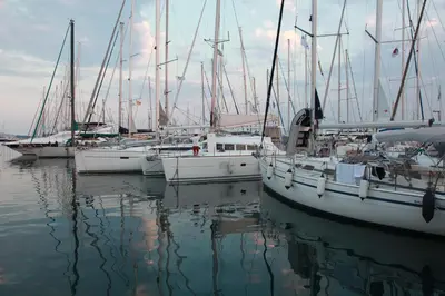 a group of boats are docked in the water at Unique Flat with Sea View at Edem Beach - A Seafront Property by Athenian Homes in Athens