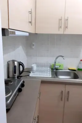 a kitchen counter with a sink and a microwave at Nikolaki Rooms in Porto Rafti