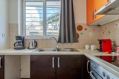 a kitchen with a sink and a window at Elvita Apartments 2 in Athens
