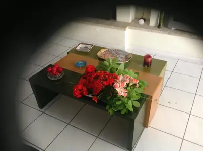 an overhead view of a table with a bouquet of flowers at Filyra Homestay (Όμορφο δωμάτιο σε σπίτι) in Athens