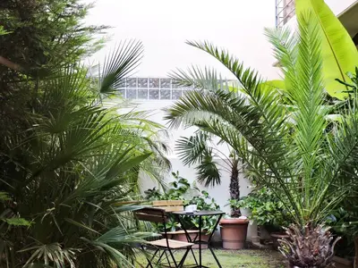 a courtyard with palm trees and a table and chairs at Luxurious Loft with Garden in Athens