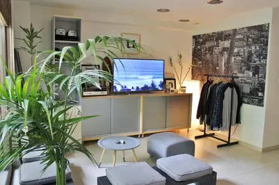a clothing store with a tv and plants in it at Luxurious Loft with Garden in Athens