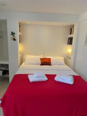 a bedroom with a large bed with a red blanket at The Room with a View in Athens