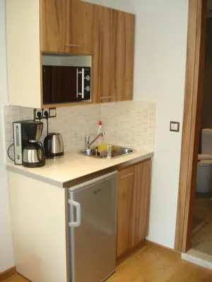 a kitchen with a sink and a microwave at Elements Rooms & Apartments in Athens