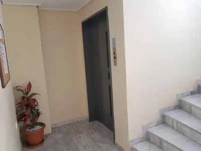 a hallway with stairs and a door with a potted plant at Errathens Zephyr Apartment - Athens Center, 3 BD, 1 BATH in Athens
