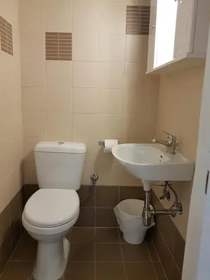 a bathroom with a toilet and a sink at Errathens Zephyr Apartment - Athens Center, 3 BD, 1 BATH in Athens