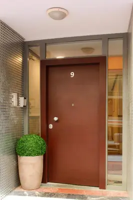 a brown door with a plant in front of it at Athens Connection Apartments in Athens