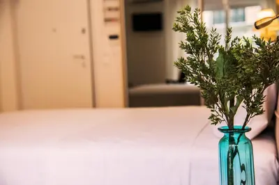 a green vase with a plant in it on a table at Rastoni Athens Suites near Acropolis in Athens
