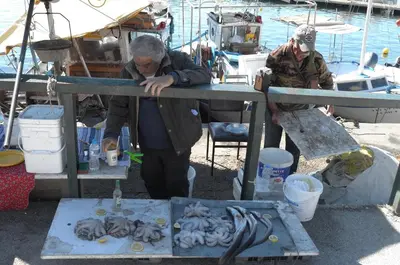 a man standing next to a table with some fish at Starapartment Athens-Varkiza Top 1 in Varkiza