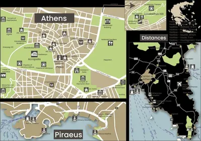 a map of the city of athens and destinations at Starapartment Athens-Varkiza Top 2 in Varkiza