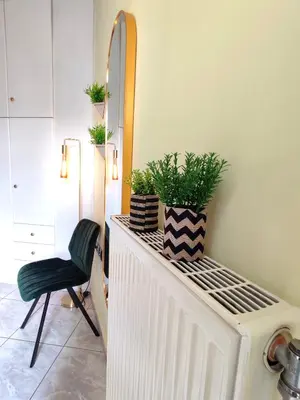 a room with a counter with a chair and plants at Elia Apartments in Athens